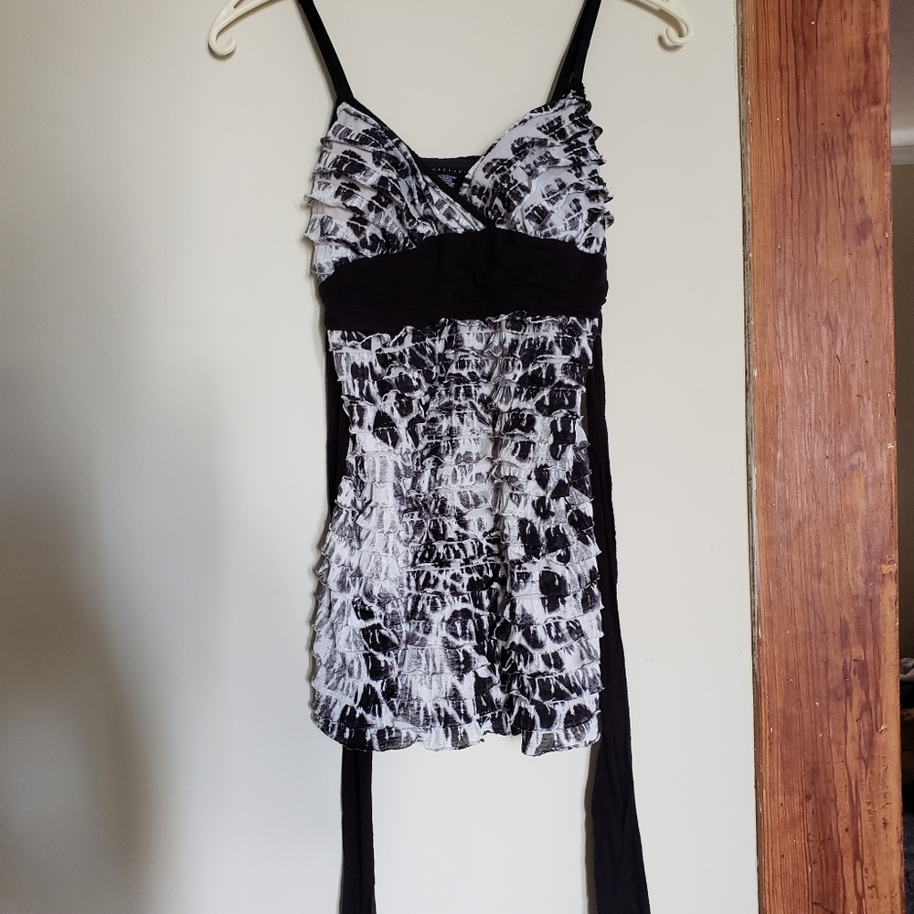 Apostrophe black and white ruffle tie back tank.
